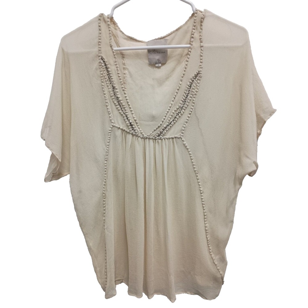 VTG Y2K Saivana Fairy BOHO Top Small Cream Silk Sheer Short Sleeve Beaded